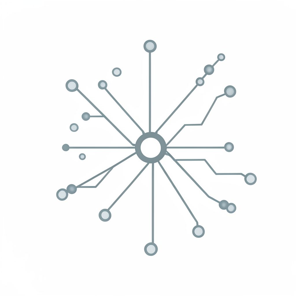 Thin-line abstract circuit and molecule illustration in muted blue-grey on a white background, suggesting connection and technology