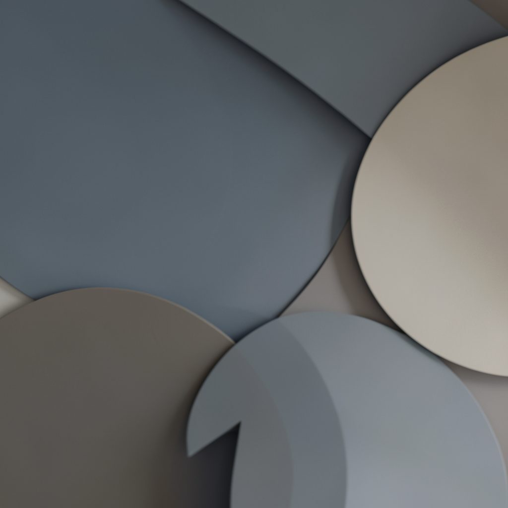 A softly lit abstract composition of overlapping circles in muted slate blue and warm grey, suggesting connection and dialogue.
