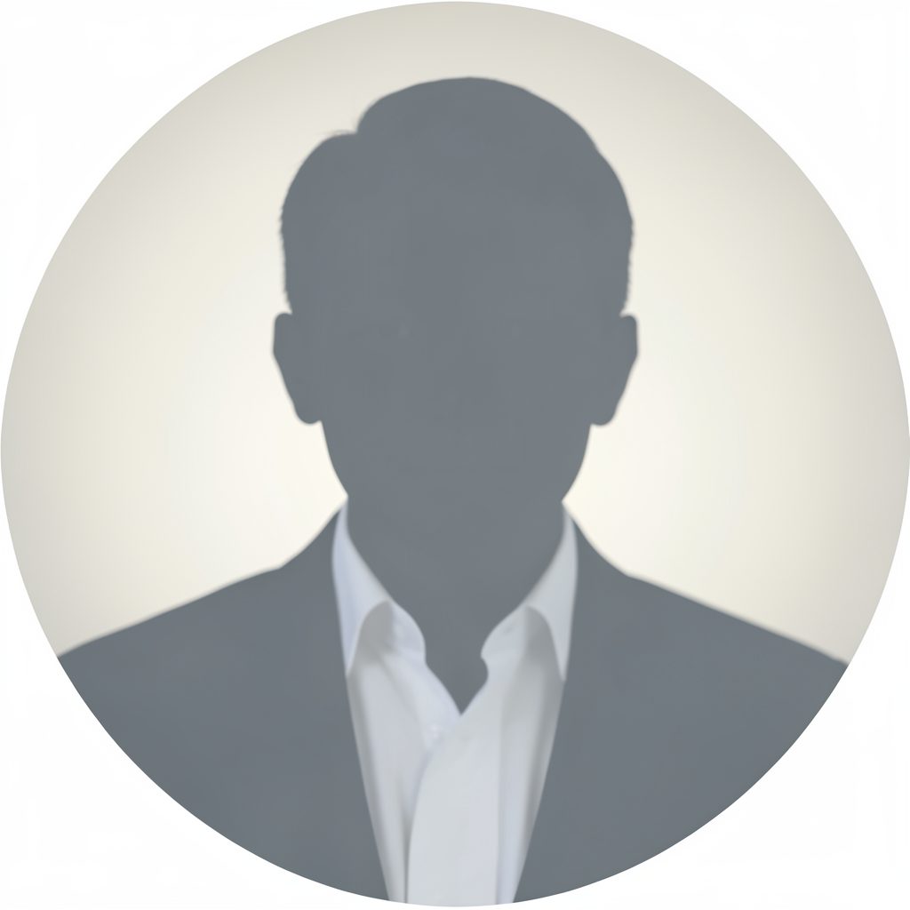 Abstract circular portrait in muted slate and ivory tones, soft gradient suggesting a professional headshot silhouette