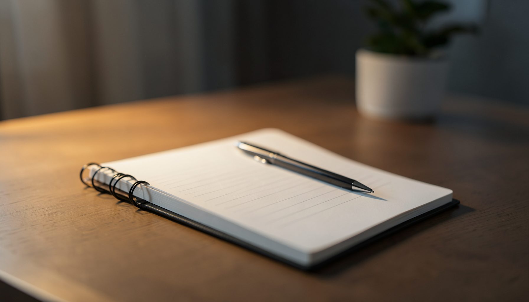 A softly lit desk with a notebook and pen, warm amber and slate tones, calm professional atmosphere